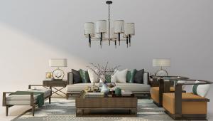 新中式沙发、茶几和吊灯组合