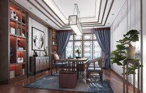 三层错落吊顶装饰的新中式茶馆茶室