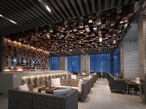 凹凸不平的方块实木吊顶装饰的现代咖啡厅