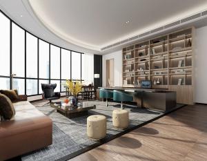 带弧形落地窗和弧型吊顶的总经理办公室