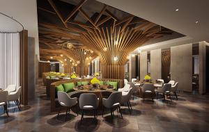 中间装饰大树柱子吊顶的现代餐馆饭店