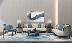 新中式沙发、茶几、休闲椅和装饰画组合