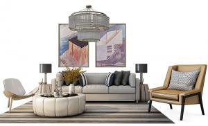 现代布艺沙发、茶几、休闲椅和吊灯组合