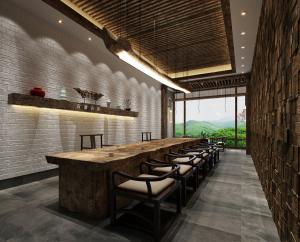 木块装饰墙面的新中式茶馆茶室