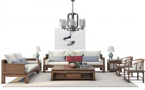 中式沙发、茶几、中式椅子和吊灯组合