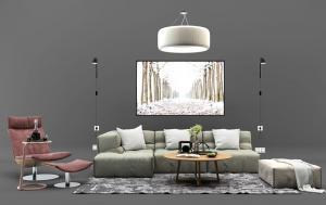 现代布艺沙发、茶几、休闲椅和装饰画组合