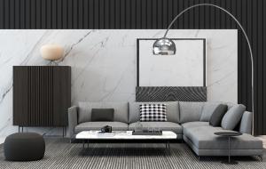 现代布艺沙发、茶几和布艺坐墩组合