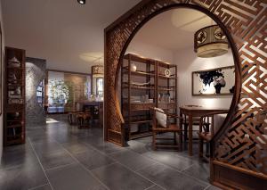 用镂空实木分割空间的中式茶馆茶室