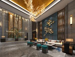墙面装饰立体山水图案的新中式酒店大堂