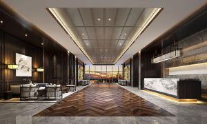 长方格造型顶新中式酒店大堂、接待休息区
