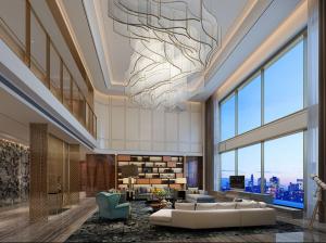 吊顶有超大灯具的新中式酒店会所大堂