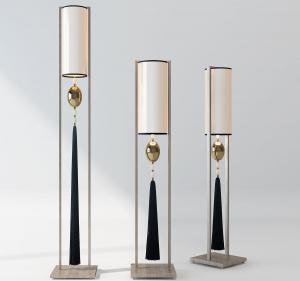 新中式带有蓝色流苏吊坠的柱形落地灯