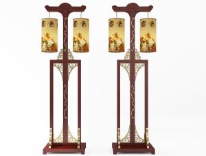 中式实木雕花支架双头落地灯