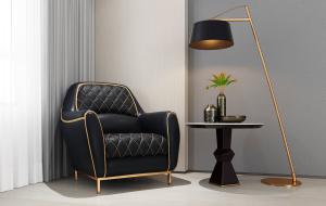 简欧金色镶边皮革单人黑色沙发、落地灯和边几