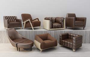 皮革、布艺单人沙发、休闲椅组合