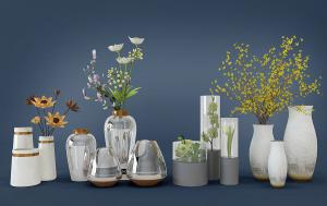 迎春花、莲花、郁金香花瓶花卉