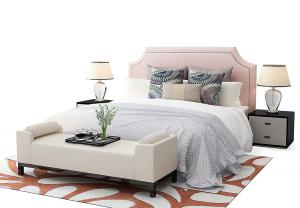 新中式软包双人床、床尾凳