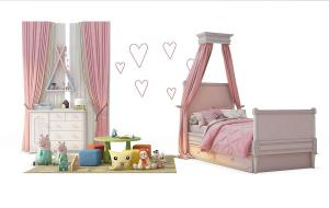 简欧女儿房儿童床、床幔、窗帘斗柜组合