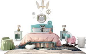 北欧儿童双人床、床头柜组合