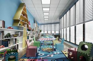 墙面装饰大树收纳架的幼儿园图书馆