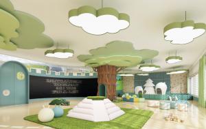 绿色调、自然元素为主题的幼儿园大厅活动室