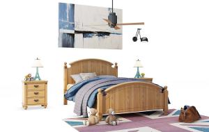 美式实木儿童床、床头柜组合