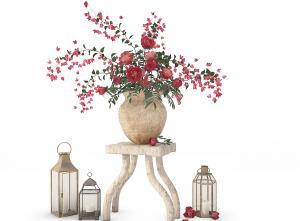 有散落花朵、形似紫薇的花瓶花卉