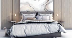 新中式软包床头双人床、金属台灯组合