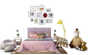 现代儿童双人床、木熊收纳格组合