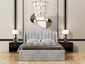 新中式竖纹凹凸软包床头双人床、床头柜组合