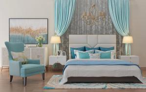 现代轻奢软包床头双人床、窗帘组合