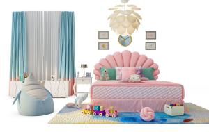 儿童贝壳软包床头双人床、窗帘、懒人沙发组合