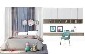 北欧儿童双人床、床头收纳、书桌组合