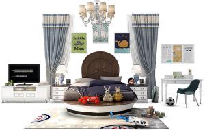 儿童实木船舵床头双人床、床头柜组合