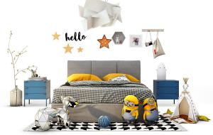 儿童软包双人床、床头柜、小黄人布偶