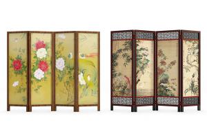 中式彩绘牡丹、花鸟图案屏风隔断