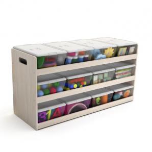 带有塑料收纳盒的儿童多层实木收纳架