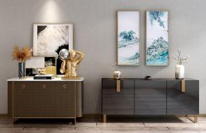 新中式长方形高反射黑色玄关柜、摆件组合3d模型 新中式长方形高反射黑色玄关柜、摆件组合