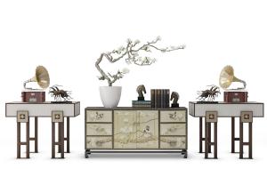 中式花鸟图案玄关柜、边几和摆件组合3d模型 中式花鸟图案玄关柜、边几和摆件组合