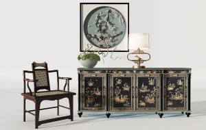 中式古典亭台图案玄关柜、太师椅和摆件组合3d模型 中式古典亭台图案玄关柜、太师椅和摆件组合