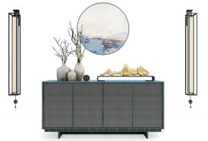 新中式灰色实木玄关柜、壁灯和摆件组合3d模型 新中式灰色实木玄关柜、壁灯和摆件组合