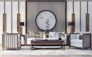 新中式沙发、茶几、鼓凳台灯和装饰画组合3d模型 新中式沙发、茶几、鼓凳台灯和装饰画组合