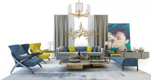 现代沙发、茶几、休闲椅和窗帘组合3d模型 现代沙发、茶几、休闲椅和窗帘组合