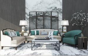 新中式沙发、茶几、休闲椅和屏风组合3d模型 新中式沙发、茶几、休闲椅和屏风组合