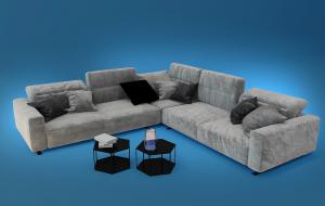现代布艺多人沙发、茶几和边几组合3d模型 现代布艺多人沙发、茶几和边几组合