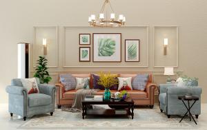 美式皮革沙发、茶几和边几组合