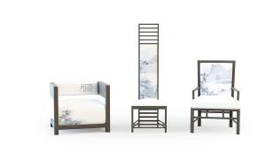 新中式实木花纹布艺坐垫椅子组合