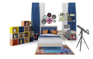 现代儿童实木床、书桌椅、望远镜组合