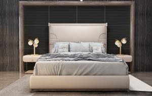 现代轻奢高背软包床头双人床、多头台灯组合