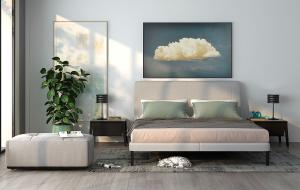 现代简约软包双人床、方形坐墩组合